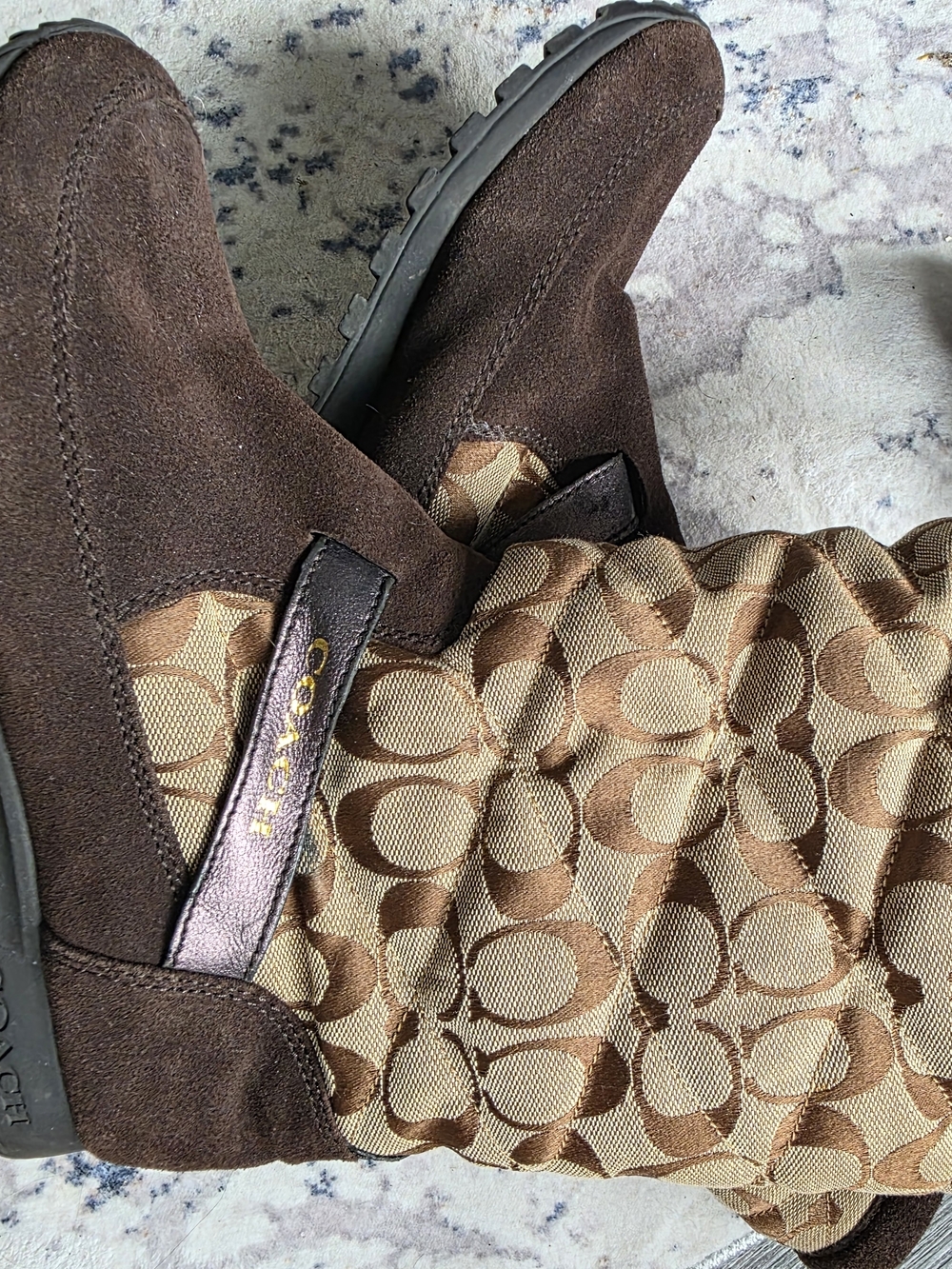 COACH Women's Brown Suede & Signature Mid Calf Boots Lined